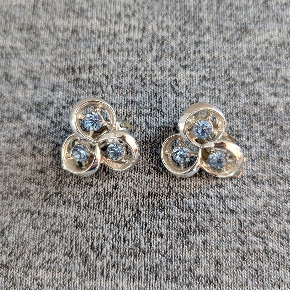 3 for $30 | Vintage Silver-toned Tri-Stone Clip Earrings with Blue Rhine…
